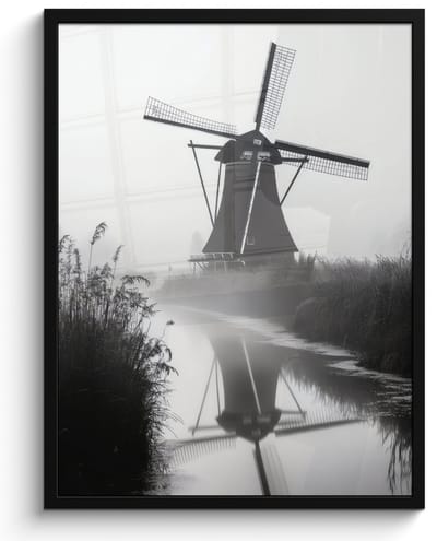 Poster in lijst - Fotolijst 50x70 cm - Posters - Molen - Weerspiegeling - Landschap - Water - Posterlijst zwart - Decoratie - Wanddecoratie woonkamer - Muurdecoratie slaapkamer
