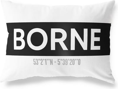 Tuinkussen BORNE - OVERIJSSEL met coördinaten - Buitenkussen - Bootkussen - Weerbestendig - Jouw Plaats - Studio216 - Modern - Zwart-Wit - 50x30cm