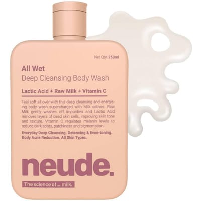 Neude All Wet 250ml De-Tan Body Wash met Melk, Melkzuur, Vitamine C voor Huidverheldering, Vermindering van Donkere Vlekken & Pigmentatie; Diep reinigende douche beige