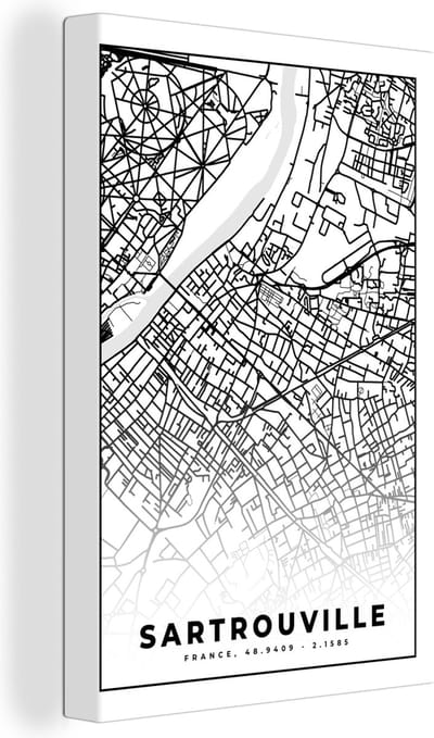 Canvas Schilderij Stadskaart - Plattegrond - Sartrouville - Kaart - Frankrijk - Zwart wit - 20x30 cm - Wanddecoratie