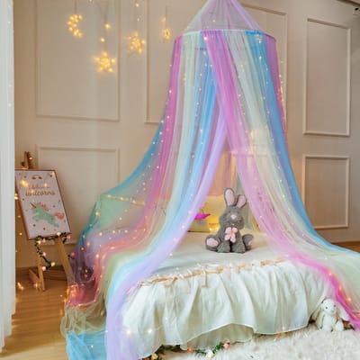 Famanu - Prinses Regenboog Bed Luifel met Warme Fee Lichten voor Meisjes Bed Net, X-LargePrincess Luifel voor Kids Bed Room Decor