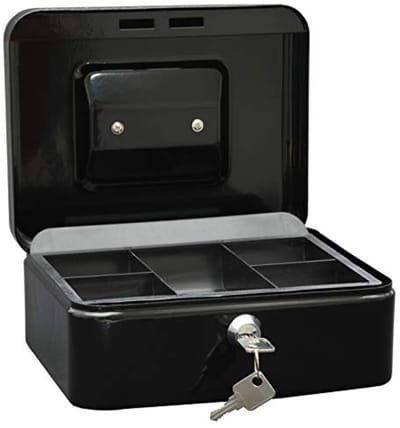 WEDO 145221X Geldcassette, van Gepoedercoat Staal, Inschuifbaar Handvat, 5-Vakken-Muntinzet, Veiligheidscilinderslot, 20 X 16 X 9 cm, Zwart