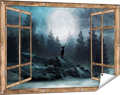 Gards Tuinposter Doorkijk Hert op een Rots tijdens Volle Maan - 120x80 cm - Tuindoek - Tuindecoratie - Wanddecoratie buiten - Tuinschilderij