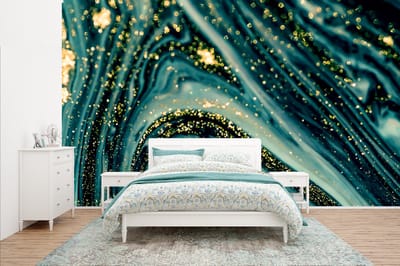 Behang - Fotobehang Marmerlook - Luxe - Goud - Turquoise - Glitter - Breedte 400 cm x hoogte 240 cm