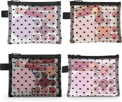 Kleine make-uptassen met ritssluiting, mini-toilettassen met hartpatroon voor make-up, bureau en reizen - set van 4 kleurrijke tasjes