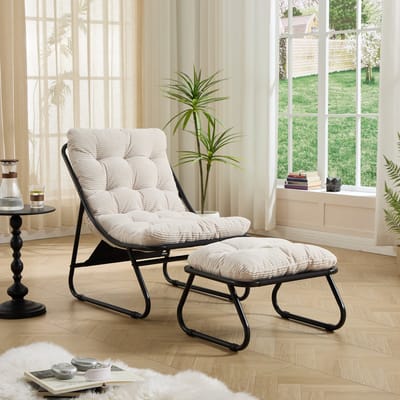 Wishdor Loungestoel met voetenbank - modern - armless relaxstoel - voor woonkamer, slaapkamer of buiten - stalen frame - wit - 65 x 78 x 86 cm