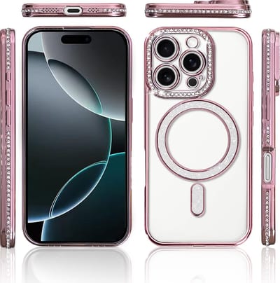 Hoesje Geschikt voor iPhone 16 Pro Max Magsafe hoes Lens beschermer Rose Goud – Luxe bling sprankelende diamant backcover
