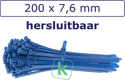 PRO-TIE® - Tyraps, kabelbinders Hersluitbaar 200 x 7,6 mm Blauw (Zak 100 stuks) (tiewrap/tyrap/tie-wrap/bundelbandje/colsonbandje/)