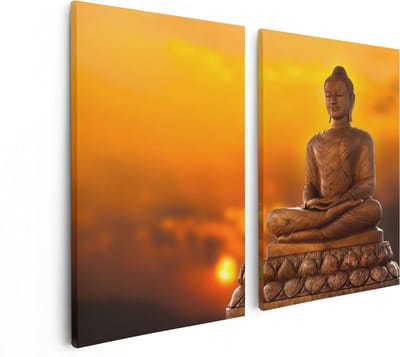 Artaza Canvas Schilderij Tweeluik Boeddha Standbeeld Bij Zonsondergang - 80x60 - Foto Op Canvas - Canvas Print