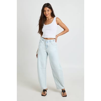 boohoo Dames Hoge Taille Loose Fit Barrel Jeans | Gebleekt Blauw | Maat: 34