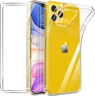 Back cover Hoesje Geschikt voor: iPhone 12 Pro Transparant TPU Siliconen Soft Case + 2X Tempered Glass Screenprotector