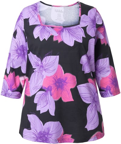 Ulla Popken - Dames - Shirt bloemen A-lijn carréhals 3/4-mouw - Zwart - Maat 54+