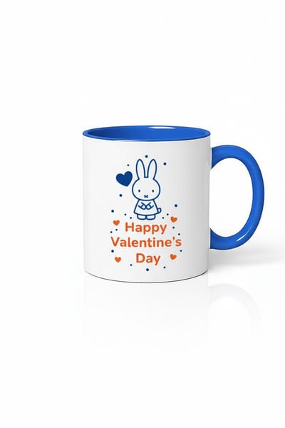 Valentijnsdag Mok met Schattig Konijn Design - Happy Valentine's Day Blauw Oranje Keramische Beker