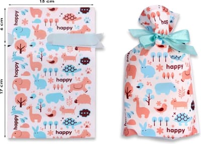 Ainy Uitdeelzakjes met lint 10 stuks - 15x23cm schattige dieren blokbodemzakjes met blauwe lint - cadeauzakjes geschikt als traktatie, uitdeelcadeautjes en snoepzakje cadeauverpakkingen bij kinderfeestje