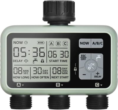 Programmeerde irrigatietimer met 3 uitgangen, regenvertraging en handmatige modus voor tuin en gazon