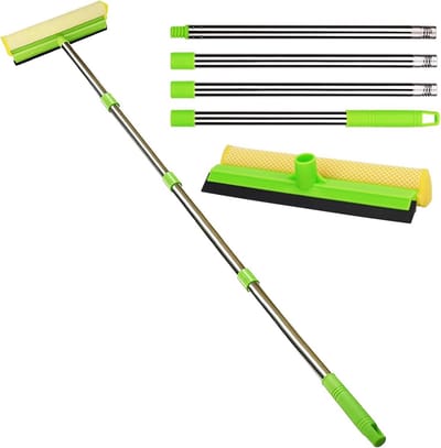 2-in-1 Raamreiniger Set voor Auto en Thuis - Rakel en Spons - 147 cm Uitschuifbare Steel - Doucheglasreiniger - Ramen Spiegel Vrachtwagen
