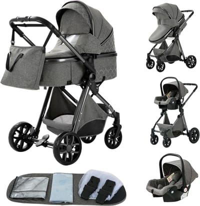3-in-1 Kinderwagen Combinatie met Hoge Zitting en Eenvoudig Opvouwbaar