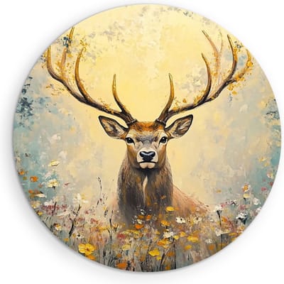 Saammp Muurcirkel Hout - Abstract hert tussen de bloemen - Natuur - Dieren - Ø 90 - Wandcirkel - Wanddecoratie Cirkel - Muurdecoratie Woonkamer - Slaapkamer decoratie - Rond Schilderij
