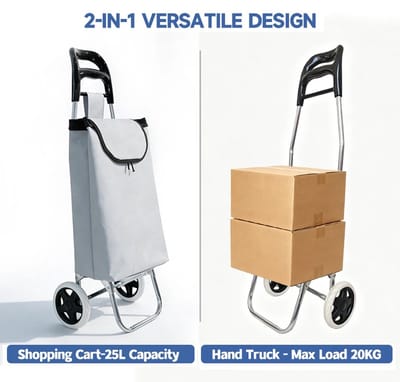 Opvouwbare boodschappentrolley grijs groot formaat 25L - Ergonomisch handvat - Inklapbare boodschappenkar met 2-in-1 ontwerp.