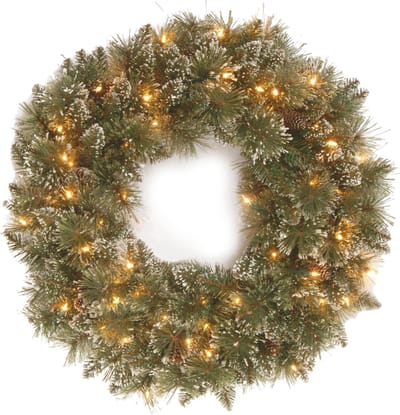 Verlichte kerstkrans "Glittery Bristle" - groen - Ø 61 cm - 50 warm witte ledlampjes - met sneeuw, dennenappels & glitter