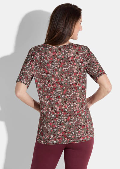 Jersey shirt met millefleursprint - bruin / rood / wit / gedess. - Gr. 38 van Goldner Fashion