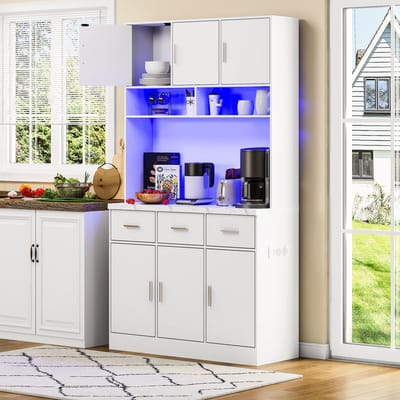 DESMIU Buffetkast - Met Ledverlichting En Stopcontacten - Met Lades En Verstelbare Planken Voor Keuken En Eetkamer - MDF - 100x40x180 Cm - Wit