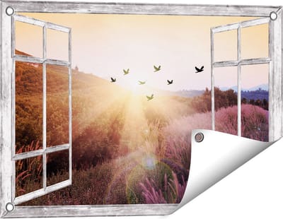 Gards Tuinposter Doorkijk Silhouet Zwerm Vogels bij Zonsondergang - 60x40 cm - Tuindoek - Tuindecoratie - Wanddecoratie buiten - Tuinschilderij