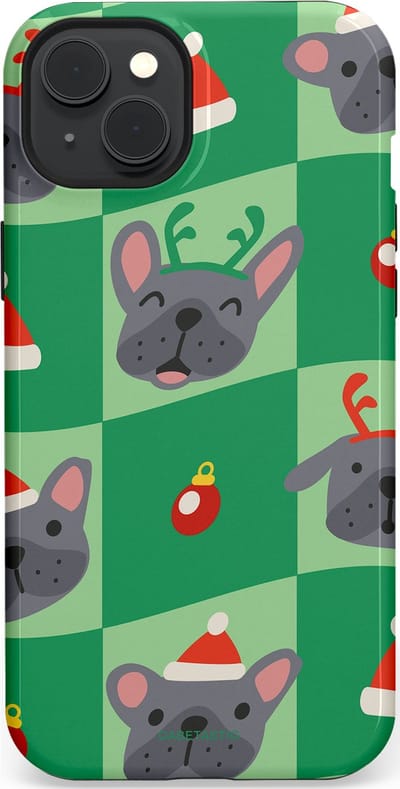 Casetastic hoesje geschikt voor Apple iPhone 15 Plus - MagSafe - Dubbellaagse bescherming - Schattige Kersthondjes - Fashion Case - Groen Grijs