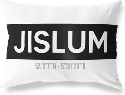 Tuinkussen JISLUM - FRIESLAND met coördinaten - Buitenkussen - Bootkussen - Weerbestendig - Jouw Plaats - Studio216 - Modern - Zwart-Wit - 50x30cm