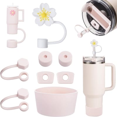 Somstyle Accessoireset Geschikt voor Stanley Cup 1200 & 850 ML - 9-Delig - Lekstoppen & Bodembeschermer - Siliconen Hoes - Roze