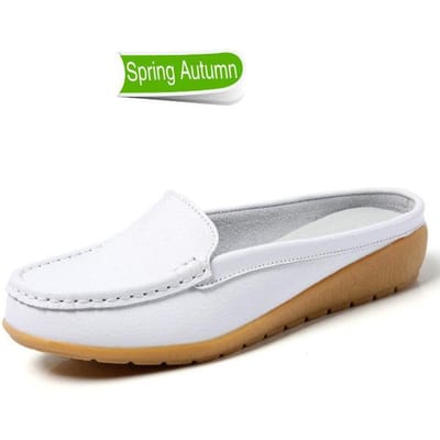 Mocassins d'été en cuir véritable pour femmes, chaussures creuses à enfiler, mocassins souples de style coréen, demi-pantoufles, taille 43 39 white