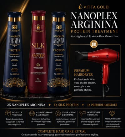 Vitta Gold Nanoplex Arginina & Silk Protein Set – 2x Protein Treatment 1L + 1x Silk Protein 1L + Premium Haardroger – Professionele Haarherstel Bundel