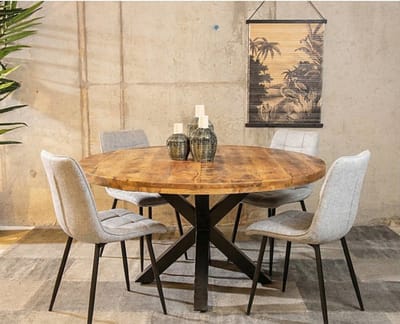 Meubelplaats Combideal Lucille : ronde eettafel Mangohout 120 cm met 4 Lucille eetkamerstoelen - Stof perfect harmony - Lichtgrijs - Eethoek - eetkamerset - eettafel met stoelen