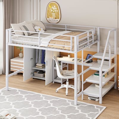 Komhtom Mezzaninebed Kinderbed 140x200 cm met kast planken opberg ladder bureau wit
