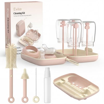 Evite 7-in-1 Babyfles Reinigingsset – Flessenborstel, Speen- & Rietjesborstel, Zeepdispenser & Droogrek – voor Thuis & Reizen