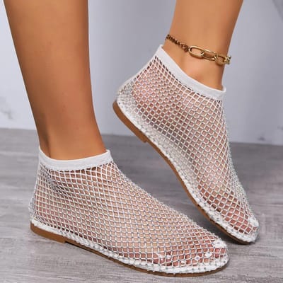 Zomer Dames Nieuwe Luxe Teen Platte Bodem Holle Korte Laarzen Water Diamant Sexy Platte Bodem Mode Banket Flats Schoenen 35