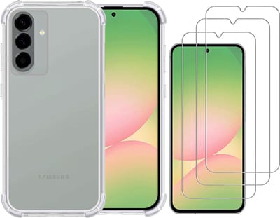 Hoesje geschikt voor Samsung A56 transparant Anti Shock silicone hoesje Met gehard glas Screenprotectors – 3 Packs