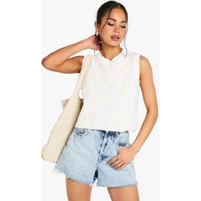 boohoo Dames Floraal Applique Haakgebreide Top | Cream | Maat: XS