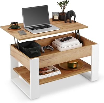 defiPad Salontafel met opklapbaar blad, plank en opbergruimte - Industrieel, Loftstijl - Wit + Eiken Craft