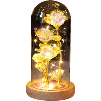 LED Roos Licht Roos in Glas op Houten Basis Kunstmatige Roos Bloem Licht Gepreserveerde Roos met LED black
