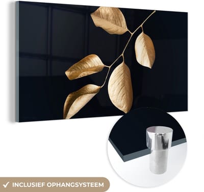 MuchoWow® Glasschilderij 120x60 cm - Schilderij acrylglas - Bladeren - Tak - Goud - Luxe - Foto op glas - Schilderijen