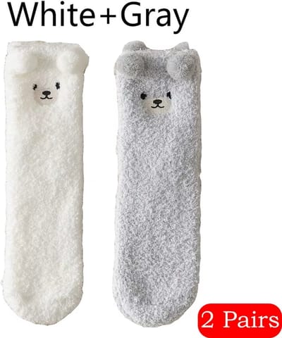 2 Paar Warme Dames Sokken – Dikke Pluche Slaapsokken van Koraalfluweel – Fluffy Huissokken met Schattige Beer Cartoon – Zachte Winter Slofsokken & Antislip Vloersokken