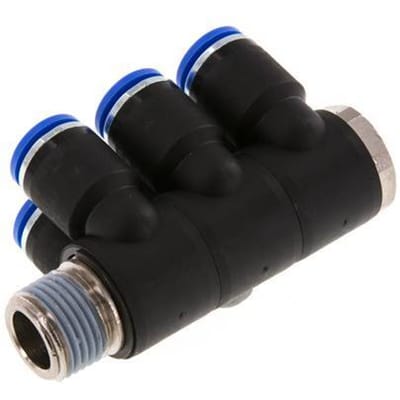 12mm x R1/2'' 6-way Manifold Messing/PA 66 Insteekfitting Buitendraad Draaibaar NBR