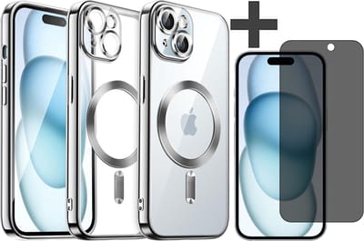 Hoesje met Privacy Screenprotector Geschikt voor iphone 15 Plus Hoesje - Geschikt voor MagSafe - Arara siliconen Backcover - Zilver