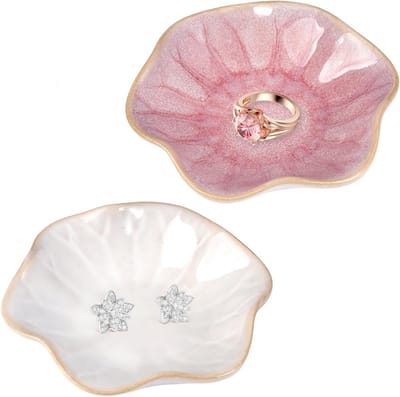 Set van 2 Keramische Sieradenkommen in Bloemvorm, Kleine Ringhouder en Sieradenopbergbak voor Bedside Tafel en Decoratie in Wit en Roze
