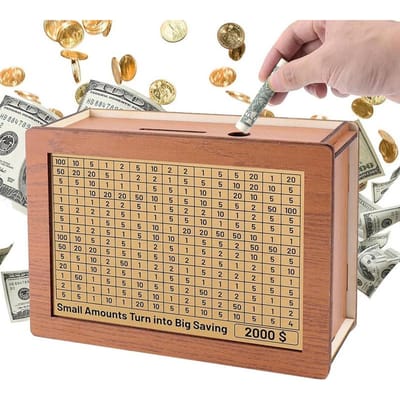 Spaarpot met Teller voor Spaardoel Houten Retro Spaarpot met 500 1000 2000 3000 5000 10000 Contant Spaardoel beige