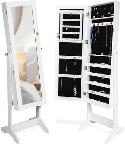 tectake® Luxe Spiegelkast - Met extra grote Spiegel - Kantelbaar - Diverse kleuren - Sieradenkast - Staande Accessoirekast - ca. 147 x 45 x 37 cm - Wit