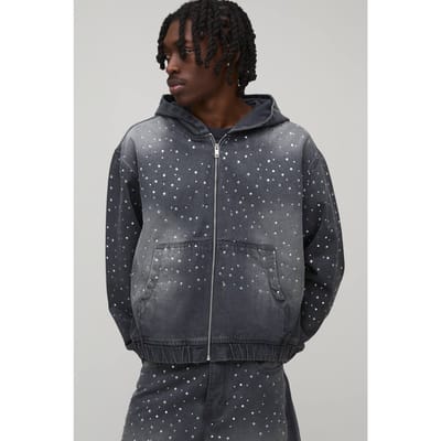 Gewassen Rhinestone Boxy Oversized Hoodie Van Denim Met Rits | Grey | Size Small