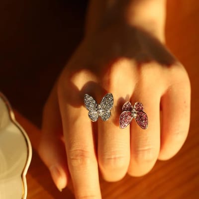 Mode Design Luxe Elegant Dubbele Vlinder Ringen Verfijnd Micro Zirkonia Dames Dagelijkse Ring Platina Plating Sieraden resizable brown