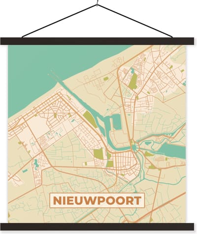 Posterhanger incl. Poster 60x60 cm - Schoolplaat - Kaart - Plattegrond - Stadskaart - Vintage - Nieuwpoort - Textielposter - Zwarte latten - Stadskaart